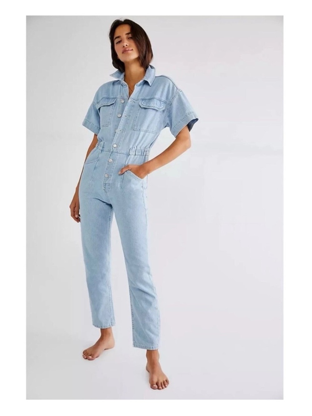 NWT Free People Marci Light Denim Button Non Stretch Jumpsuit Coveralls Size XL